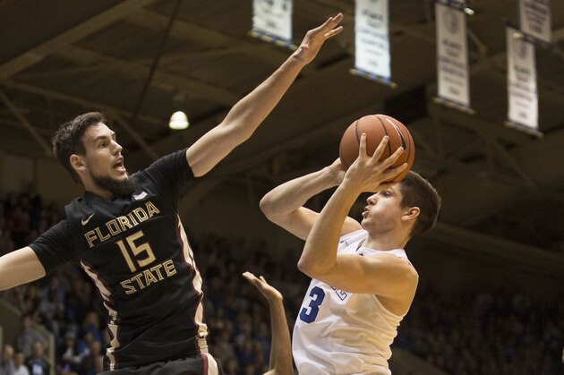 Duke’s Grayson Allen (3) attempts a shot as Florida State’s Boris Bojanovsky (15) defends during the second half on an NCAA college basketball game in Durham, N.C., Thursday, Feb. 25, 2016. (AP Photo/Ben McKeown)