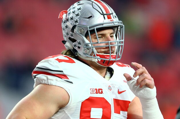 Jan 1, 2016; Glendale, AZ, USA; Ohio State Buckeyes defensive lineman Joey Bosa (97) prior to the game against the Notre Dame Fighting Irish during the 2016 Fiesta Bowl at University of Phoenix Stadium. The Buckeyes defeated the Fighting Irish 44-28. Mandatory Credit: Mark J. Rebilas-USA TODAY Sports