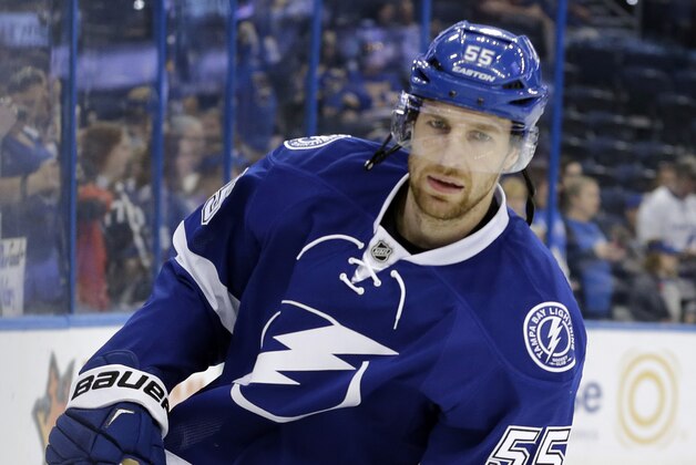Tampa Bay Lightning defenseman Braydon Coburn (55) before an NHL hockey game against the St. Louis Blues Sunday, Feb. 14, 2016, in Tampa, Fla. (AP Photo/Chris O'Meara)