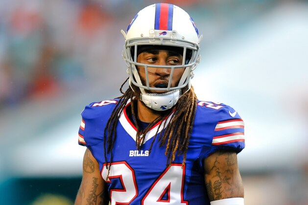 Sep 27, 2015; Miami Gardens, FL, USA; Buffalo Bills cornerback Stephon Gilmore (24) lines up near the line of scrimmage during a game against the Miami Dolphins at Sun Life Stadium. Mandatory Credit: Steve Mitchell-USA TODAY Sports