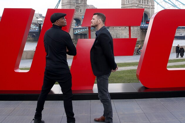 LONDON, ENGLAND - FEBRUARY 25:  Michael Bisping (R) and Anderson Silva face off at Tower Bridge on February 25, 2016 in London, England.  (Photo by Scott Heavey/Zuffa LLC/Zuffa LLC via Getty Images)
