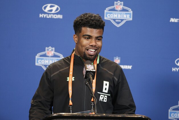Ohio St. running back Ezekiel Elliott responds to a question during a news conference at the NFL football scouting combine Thursday, Feb. 25, 2016, in Indianapolis. (AP Photo/Darron Cummings)