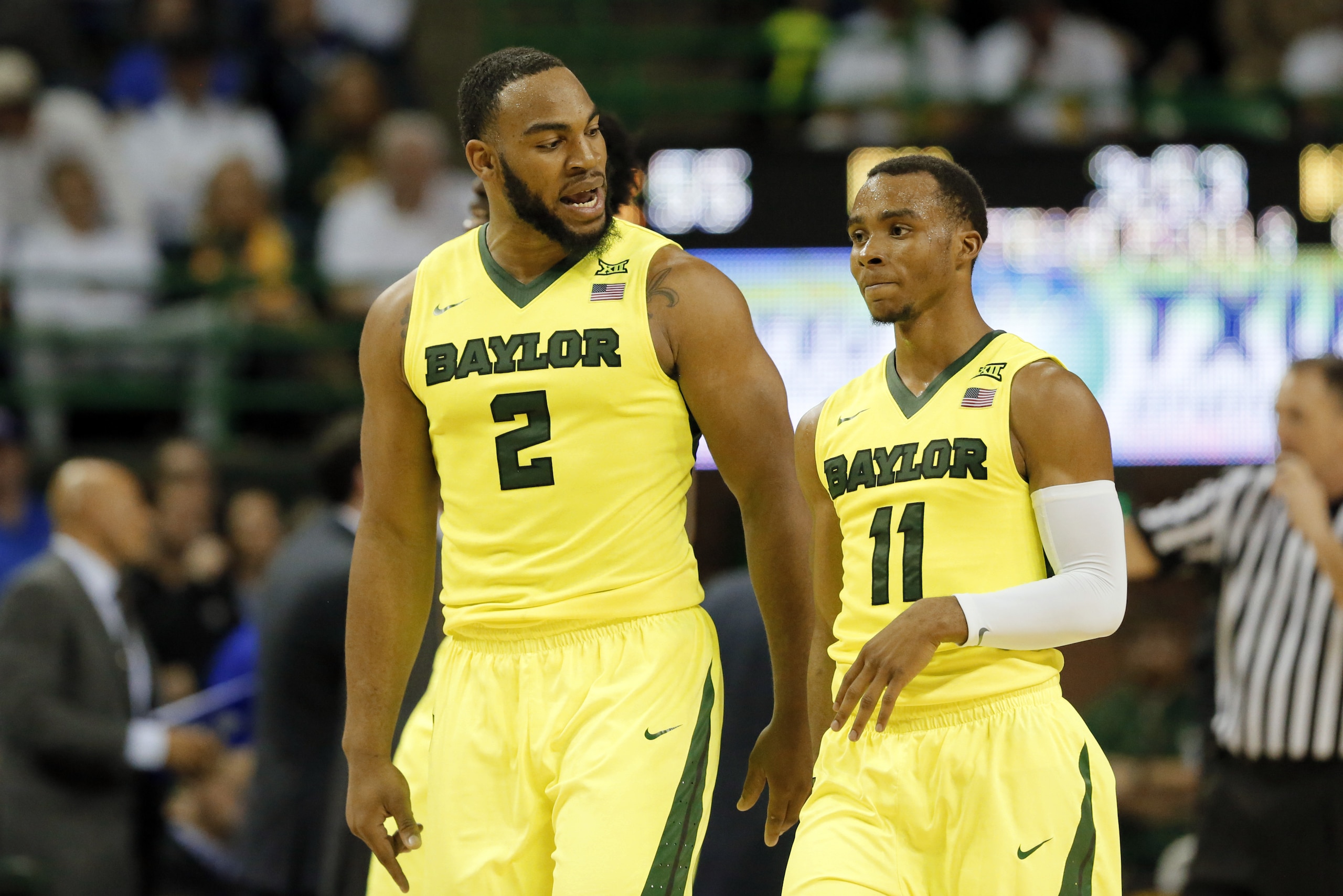 Baylor's Rico Gathers (2) and Lester Medford (11) talk as they walk off the court during an NCAA college basketball game against Kansas on Tuesday, Feb. 23, 2016, in Waco, Texas. (AP Photo/Tony Gutierrez) Baylor's Rico Gathers (2) and Lester Medford (11) talk as they walk off the court during an NCAA college basketball game against Kansas on Tuesday, Feb. 23, 2016, in Waco, Texas. (AP Photo/Tony Gutierrez)
