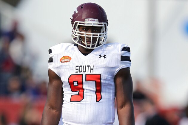 Jan 30, 2016; Mobile, AL, USA; South squad defensive end Noah Spence of Eastern Kentucky (97) in the second quarter of the Senior Bowl at Ladd-Peebles Stadium. Mandatory Credit: Chuck Cook-USA TODAY Sports