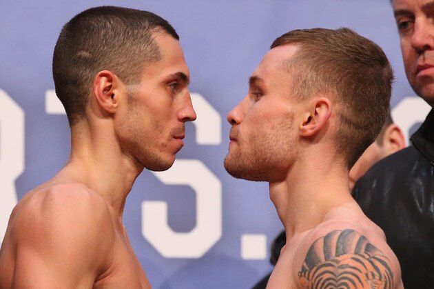 MANCHESTER, ENGLAND - FEBRUARY 26:  Carl Frampton and Scott Quigg go face to face at the weigh-in ahead of their Super-Bantamweight fight at the at Manchester Arena on February 26, 2016 in Manchester, England.  (Photo by Alex Livesey/Getty Images)