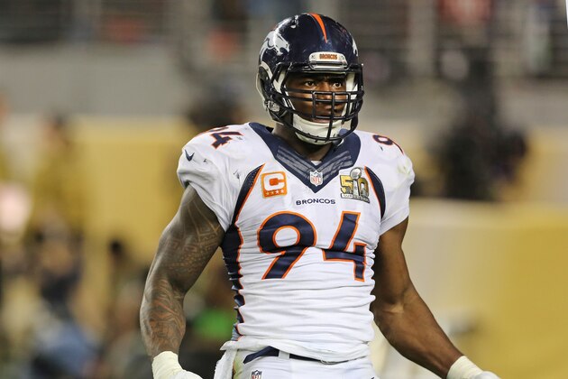 Denver Broncos DeMarcus Ware #94 celebrates against the Carolina Panthers during the NFL Super Bowl 50 football game Sunday, Feb. 7, 2016, in Santa Clara, Calif.  (AP Photo/Gregory Payan)
