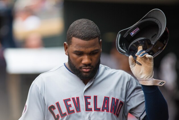 Aug 16, 2015; Minneapolis, MN, USA; Cleveland Indians center fielder Abraham Almonte (35) in the fifth inning against the Minnesota Twins at Target Field. The Minnesota Twins beat the Cleveland Indians 4-1. Mandatory Credit: Brad Rempel-USA TODAY Sports