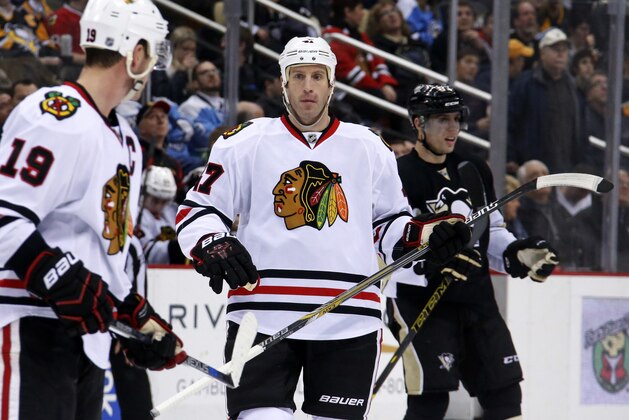 Chicago Blackhawks' Rob Scuderi (47) plays in an NHL hockey game against the Pittsburgh Penguins in Pittsburgh, Tuesday, Jan. 5, 2016. (AP Photo/Gene J. Puskar)