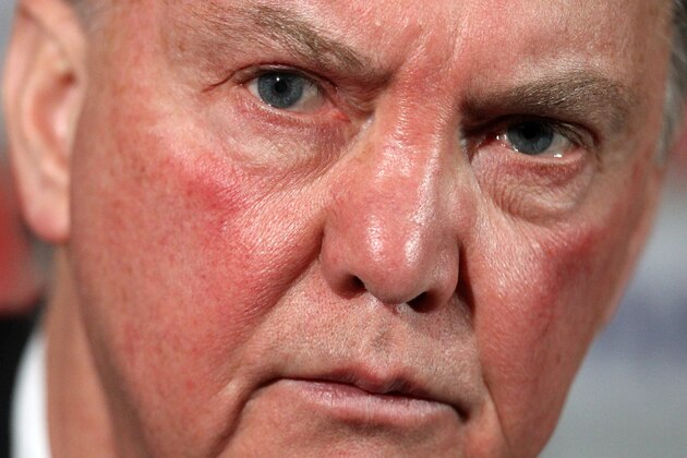 Manchester Uniteds Dutch manager Louis van Gaal speaks with members of the media during a press conference at Old Trafford stadium in Manchester, north west England on February 24, 2016.
The gloom that has been descending on Manchester United lifted a little when they beat Shrewsbury in the FA Cup on Monday, but manager Louis van Gaal remains a man facing problems. United's manager has no margin for error as he attempts to maintain his team's chances of a European trophy when they face Midtjylland at Old Trafford on Thursday.
 / AFP / LINDSEY PARNABY        (Photo credit should read LINDSEY PARNABY/AFP/Getty Images)