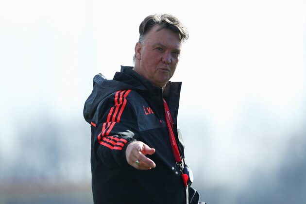 MANCHESTER, ENGLAND - FEBRUARY 24:  Louis van Gaal manager of Manchester United points during a Manchester United training session ahead of their UEFA Europa League round of 32 second leg match against FC Midtjylland at the Aon Training Complex on February 24, 2016 in Manchester, United Kingdom.  (Photo by Jan Kruger/Getty Images)