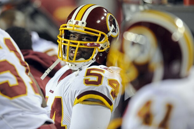 Washington Redskins linebacker H.B. Blades looks down the bench during the NFL football game against the Dallas Cowboys, Sunday, Dec. 27, 2009 in Landover, Md. (AP Photo/Nick Wass)