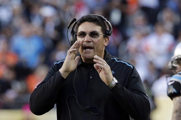 Carolina Panthers’ head coach Ron Rivera yells during the first half of the NFL Super Bowl 50 football game Sunday, Feb. 7, 2016, in Santa Clara, Calif. (AP Photo/Matt York)