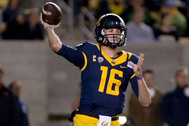 Nov 14, 2015; Berkeley, CA, USA; California Golden Bears quarterback Jared Goff (16) passes the ball against the Oregon State Beavers during the first quarter at Memorial Stadium. Mandatory Credit: Kelley L Cox-USA TODAY Sports
