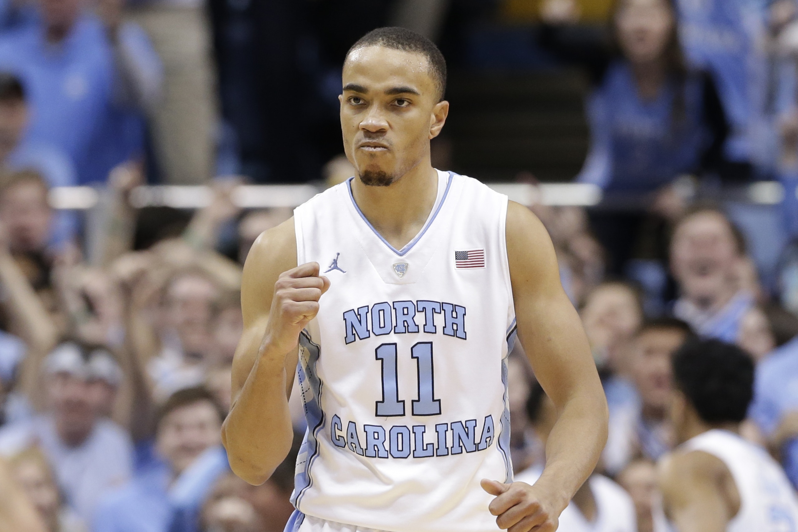 North Carolina's Brice Johnson (11) reacts during the first half of an NCAA college basketball game against Duke in Chapel Hill, N.C., Wednesday, Feb. 17, 2016. (AP Photo/Gerry Broome)