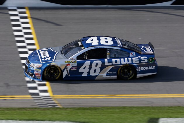 Jimmie Johnson during his qualifying for the NASCAR Daytona 500 auto race at Daytona International Speedway, Sunday, Feb. 14, 2016, in Daytona Beach, Fla. (AP Photo/John Raoux)