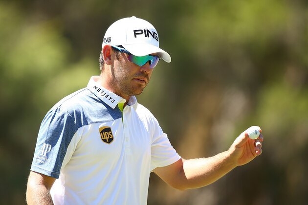 PERTH, AUSTRALIA - FEBRUARY 27:  Louis Oosthuizen of South Africa acknowledges the gallery after a birdie on the 3rd hole during day three of the 2016 Perth International at Karrinyup GC on February 27, 2016 in Perth, Australia.  (Photo by Paul Kane/Getty Images)