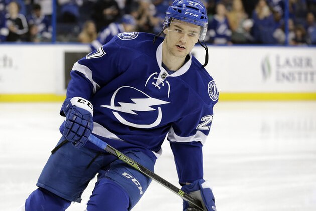 Tampa Bay Lightning left wing Jonathan Drouin before an NHL hockey game against the New York Rangers Wednesday, Dec. 30, 2015, in Tampa, Fla. (AP Photo/Chris O'Meara)