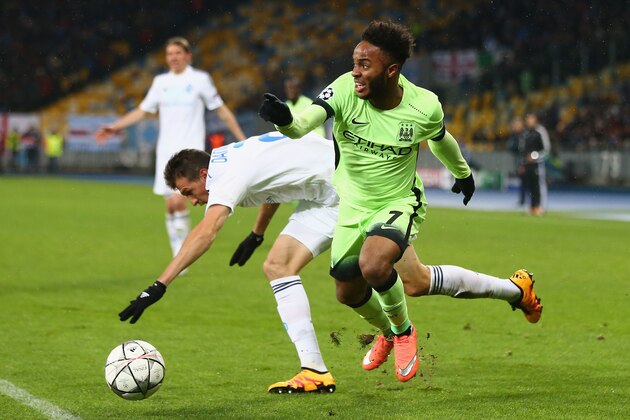 KIEV, UKRAINE - FEBRUARY 24: Raheem Sterling of Manchester City shrugs off the challenge from Danilo Silva of Dynamo Kiev during the UEFA Champions League round of 16 match between Dynamo Kiev and Manchester City at the Olympic Stadium  on February 24, 2016 in Kiev, Ukraine.  (Photo by Michael Steele/Getty Images)