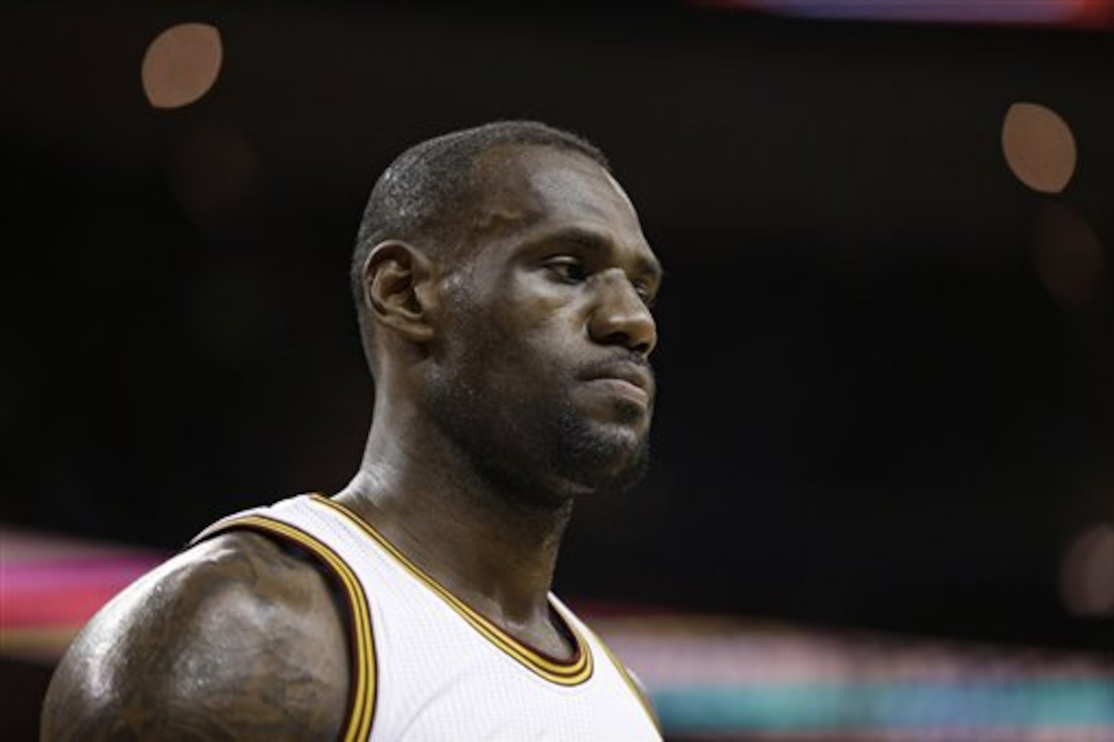 Cleveland Cavaliers' LeBron James waits for action to resume in the first half of an NBA basketball game against the Detroit Pistons, Monday, Feb. 22, 2016, in Cleveland. (AP Photo/Tony Dejak)