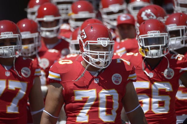Kansas City Chiefs defensive end Mike DeVito (70), defensive end Mike Catapano (77) and inside linebacker Derrick Johnson (56) during the first half of an NFL football game in Jacksonville, Fla., Sunday, Sept. 8, 2013. (AP Photo/Phelan M. Ebenhack)