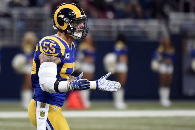 St. Louis Rams linebacker James Laurinaitis looks to the sideline during the first quarter of an NFL football game against the Arizona Cardinals on Sunday, Dec. 6, 2015, in St. Louis. (AP Photo/L.G. Patterson)