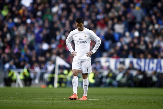 Real Madrid's Cristiano Ronaldo gestures during a Spanish La Liga soccer match between Real Madrid and Atletico Madrid at the Santiago Bernabeu stadium in Madrid, Spain, Saturday Feb. 27, 2016. (AP Photo/Oscar del Pozo)