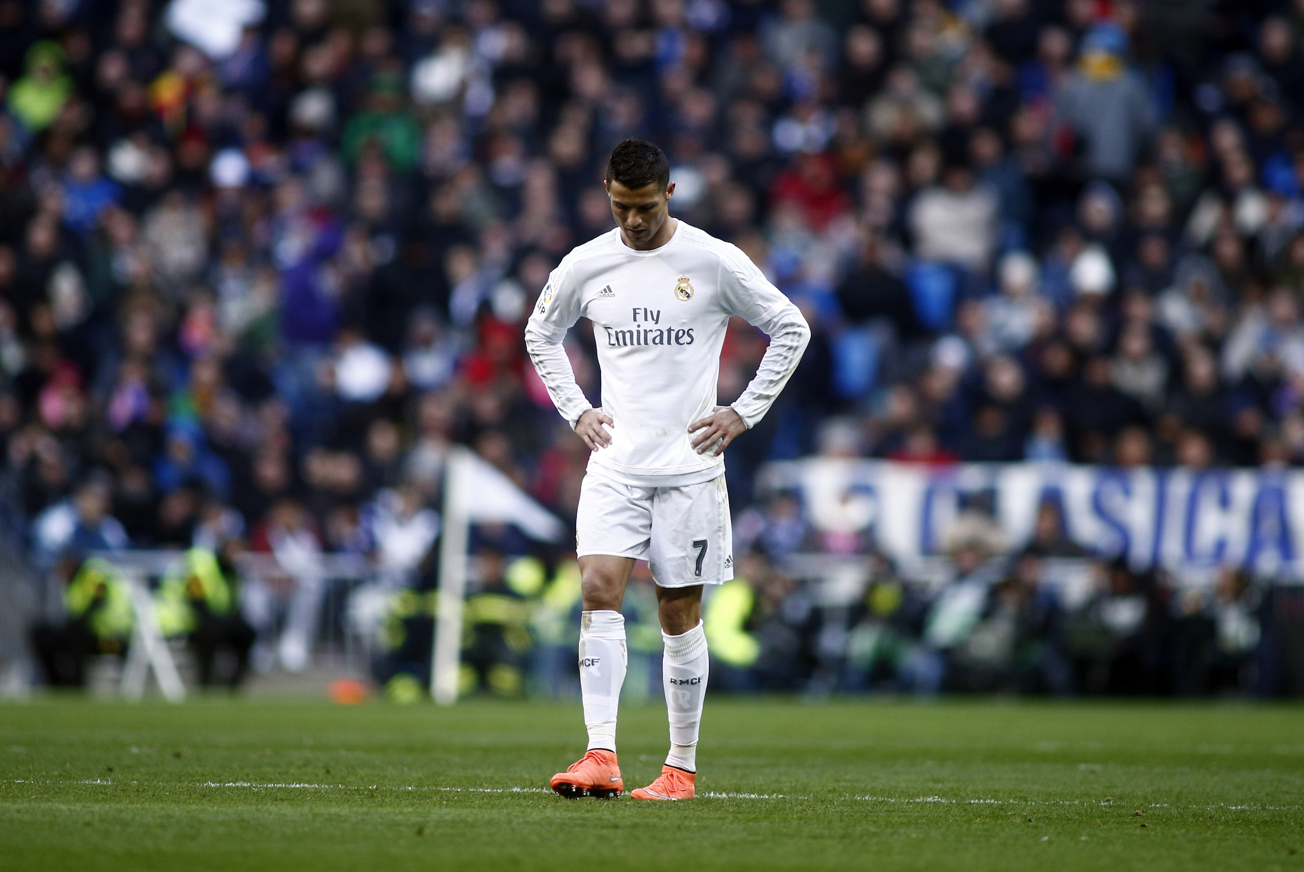 Real Madrid's Cristiano Ronaldo gestures during a Spanish La Liga soccer match between Real Madrid and Atletico Madrid at the Santiago Bernabeu stadium in Madrid, Spain, Saturday Feb. 27, 2016. (AP Photo/Oscar del Pozo)
