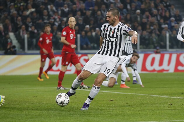 Juventus' Leonardo Bonucci during the Champions League, round of 16, first-leg soccer match between Juventus and Bayern Munich at the Juventus stadium in Turin, Italy, Tuesday, Feb. 23, 2016. (AP Photo/Luca Bruno)