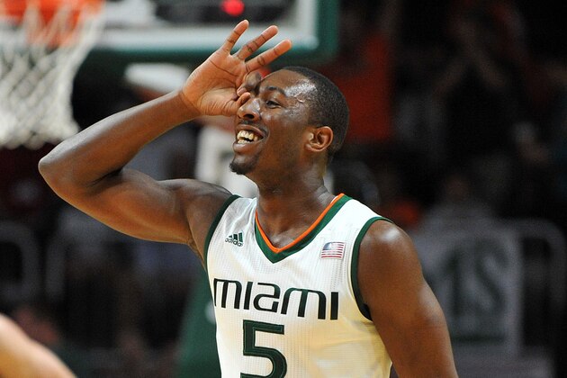 Feb 27, 2016; Coral Gables, FL, USA; Miami Hurricanes guard Davon Reed (5) celebrates after scoring against Louisville Cardinals during the first half at BankUnited Center. Mandatory Credit: Steve Mitchell-USA TODAY Sports