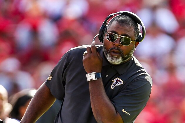 TAMPA, FL - DECEMBER 06: Atlanta Falcons defensive line coach Bryan Cox in action during the game against the Tampa Bay Buccaneers at Raymond James Stadium on December 6, 2015 in Tampa, Florida.  (Photo by Rob Foldy/Getty Images)