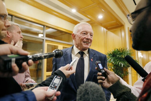 Dallas Cowboys owner Jerry Jones speaks to the media after leaving an NFL December League Meeting, Wednesday, Dec. 2, 2015, in Irving, Texas. (AP Photo/Brandon Wade)
