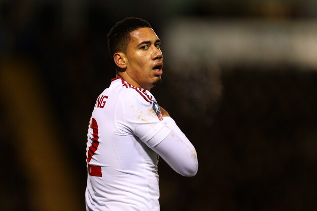 SHREWSBURY, ENGLAND - FEBRUARY 22 :  Chris Smalling of Manchester United during the Emirates FA Cup match between Shrewsbury Town and Manchester United at New Meadow on February 22, 2016 in Shrewsbury, England.  (Photo by Catherine Ivill - AMA/Getty Images)