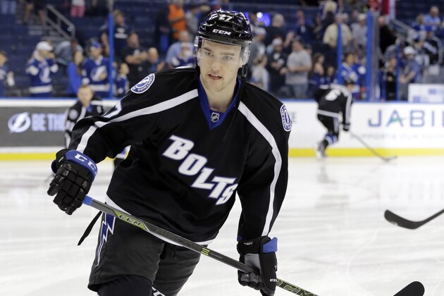 Tampa Bay Lightning left wing Jonathan Drouin (27) before an NHL hockey game Washington Capitals Saturday, Dec. 12, 2015, in Tampa, Fla. (AP Photo/Chris O'Meara)