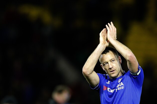 Chelsea's John Terry waves to supporters after the English Premier League soccer match between Watford and Chelsea at the Vicarage Road stadium in London, Wednesday, Feb. 3, 2016.(AP Photo/Frank Augstein)