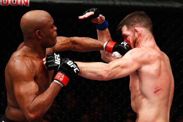 LONDON, ENGLAND - FEBRUARY 27:  Anderson 'The Spider' Silva of Brazil (L) and Michael 'The Count' Bisping of England (R) compete in their Middleweight bout during the UFC Fight Night held at at Indigo at The O2 Arena on February 27, 2016 in London, England.  (Photo by Dean Mouhtaropoulos/Zuffa LLC/Zuffa LLC via Getty Images)