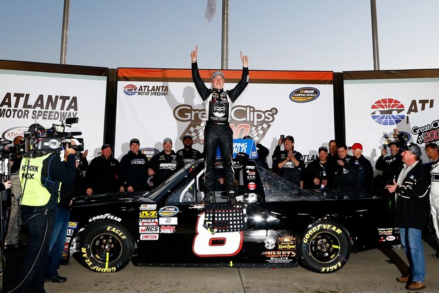 HAMPTON, GA - FEBRUARY 27:  John H Nemechek, driver of the #8 farbe technik Chevrolet, celebrates in Victory Lane after winning the NASCAR Camping World Truck Series Great Clips 200 at Atlanta Motor Speedway on February 27, 2016 in Hampton, Georgia.  (Photo by Daniel Shirey/Getty Images)