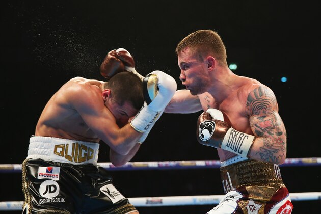 MANCHESTER, ENGLAND - FEBRUARY 27:  Carl Frampton (R) and Scott Quigg in action during their World Super-Bantamweight title contest at Manchester Arena on February 27, 2016 in Manchester, England.  (Photo by Alex Livesey/Getty Images)