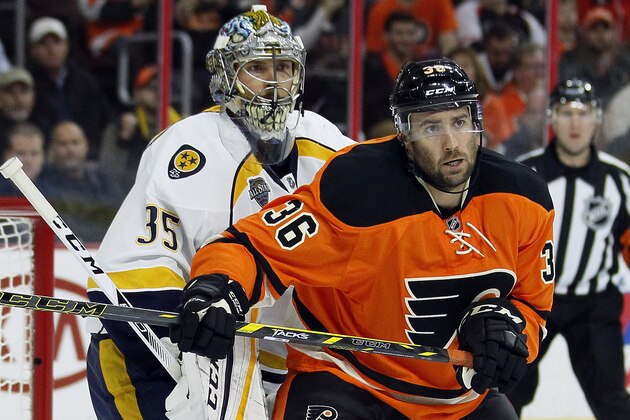 Nashville Predators' Pekka Rinne, left, looks past Philadelphia Flyers' Colin McDonald as they watch the play during the second period of an NHL hockey game Friday, Nov. 27, 2015 in Philadelphia. The Flyers won 3-2 in overtime.  (AP Photo/Tom Mihalek)