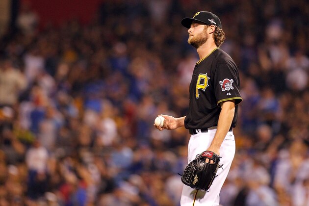 PITTSBURGH, PA - OCTOBER 07:  Gerrit Cole #45 of the Pittsburgh Pirates reacts after giving up a two-run home run in the third inning during the National League Wild Card game against the Pittsburgh Pirates at PNC Park on October 7, 2015 in Pittsburgh, Pennsylvania.  (Photo by Justin K. Aller/Getty Images)