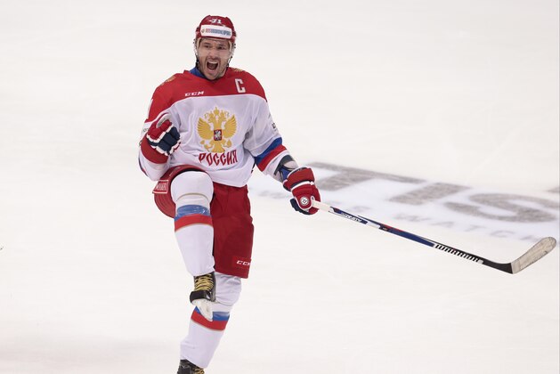Russia’s Ilya Kovalchuk celebrates after scoring team's sixth goal during the second period action of the Channel One Cup ice hockey match between Finland and Russia, in Moscow, Russia, on Saturday, Dec. 19, 2015. (AP Photo/Ivan Sekretarev)