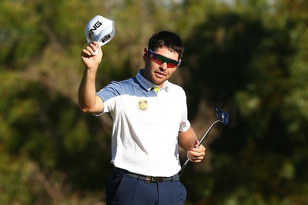 PERTH, AUSTRALIA - FEBRUARY 27:  Louis Oosthuizen of South Africa acknowledges the gallery after completing his round during day three of the 2016 Perth International at Karrinyup GC on February 27, 2016 in Perth, Australia.  (Photo by Paul Kane/Getty Images)