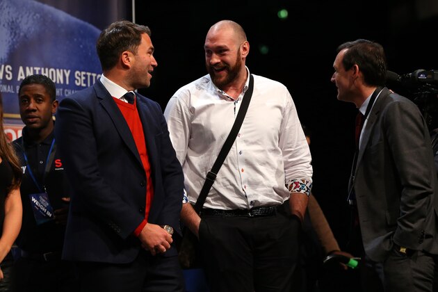 MANCHESTER, ENGLAND - FEBRUARY 26: Tyson Fury is introduced to the crowd before the Super-Bantamweight fight weigh in between Carl Frampton and Scott Quigg at the Manchester Arena on February 26, 2016 in Manchester, England. (Photo by Alex Livesey/Getty Images) MANCHESTER, ENGLAND - FEBRUARY 26: Tyson Fury is introduced to the crowd before the Super-Bantamweight fight weigh in between Carl Frampton and Scott Quigg at the Manchester Arena on February 26, 2016 in Manchester, England. (Photo by Alex Livesey/Getty Images)