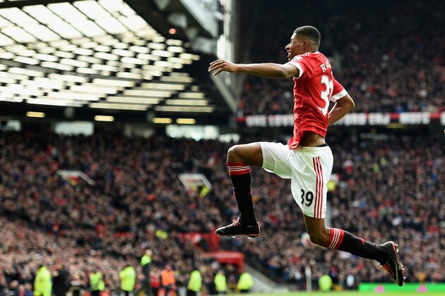 MANCHESTER, ENGLAND - FEBRUARY 28:  Marcus Rashford of Manchester United celebrates scoring his opening goal during the Barclays Premier League match between Manchester United and Arsenal at Old Trafford on February 28, 2016 in Manchester, England.  (Photo by Laurence Griffiths/Getty Images)