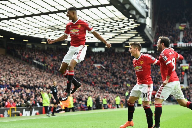 MANCHESTER, ENGLAND - FEBRUARY 28:  Marcus Rashford of Manchester United celebrates scoring his opening goal during the Barclays Premier League match between Manchester United and Arsenal at Old Trafford on February 28, 2016 in Manchester, England.  (Photo by Laurence Griffiths/Getty Images)
