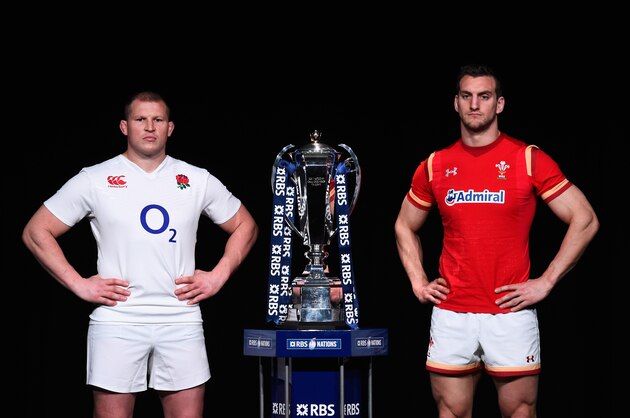 LONDON, ENGLAND - JANUARY 27:  Dylan Hartley, captain of England poses with Sam Warburton, captain of Wales and the trophy during the RBS Six Nations launch at The Hurlingham Club on January 27, 2016 in London, England.  (Photo by Stu Forster/Getty Images)