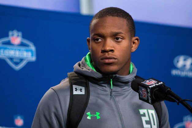 Feb 26, 2016; Indianapolis, IN, USA; Ohio State linebacker Darron Lee speaks to the media during the 2016 NFL Scouting Combine at Lucas Oil Stadium. Mandatory Credit: Trevor Ruszkowski-USA TODAY Sports