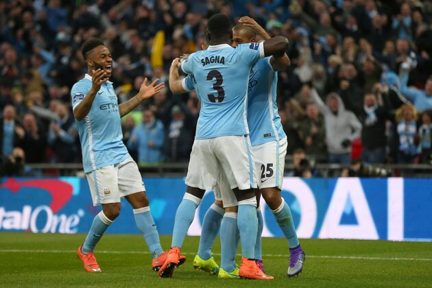LONDON, ENGLAND - FEBRUARY 28 :  Fernandinho of Manchester City celebrates after scoring to make it 0-1 with his team mates during the Capital One Cup Final match between Liverpool and Manchester City at Wembley Stadium on February 28, 2016 in London, England.  (Photo by Catherine Ivill - AMA/Getty Images)