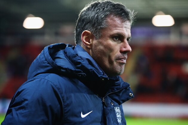 ROTHERHAM, ENGLAND - NOVEMBER 20:  Jamie Carragher of England looks on during the International U17 Friendly match between England U17 and Germany U17 at the New York Stadium on November 20, 2015 in Rotherham, England.  (Photo by Matthew Lewis/Getty Images)