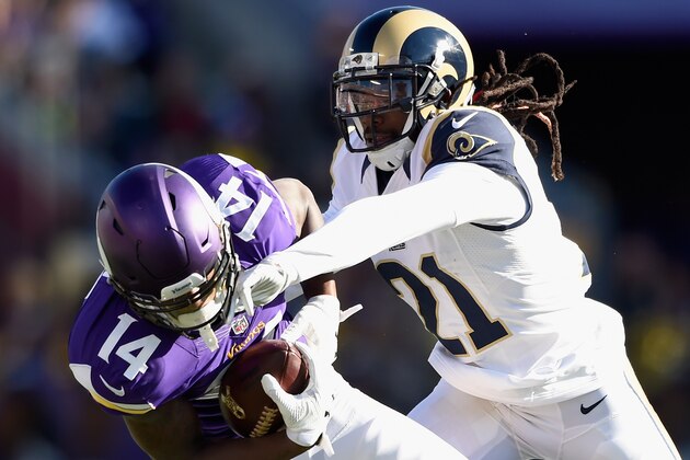 MINNEAPOLIS, MN - NOVEMBER 8: Stefon Diggs #14 of the Minnesota Vikings makes a catch against Janoris Jenkins #21 of the St. Louis Rams during the first quarter of the game on November 8, 2015 at TCF Bank Stadium in Minneapolis, Minnesota. (Photo by Hannah Foslien/Getty Images)