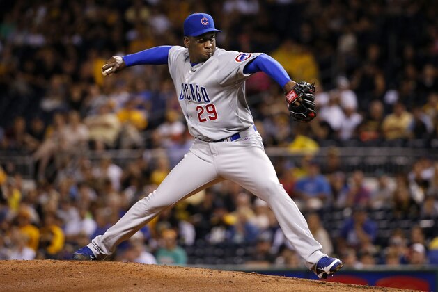 Chicago Cubs relief pitcher Rafael Soriano (29) delivers during the third inning of a baseball game against the Pittsburgh Pirates in Pittsburgh, Monday, Aug. 3, 2015. (AP Photo/Gene J. Puskar)